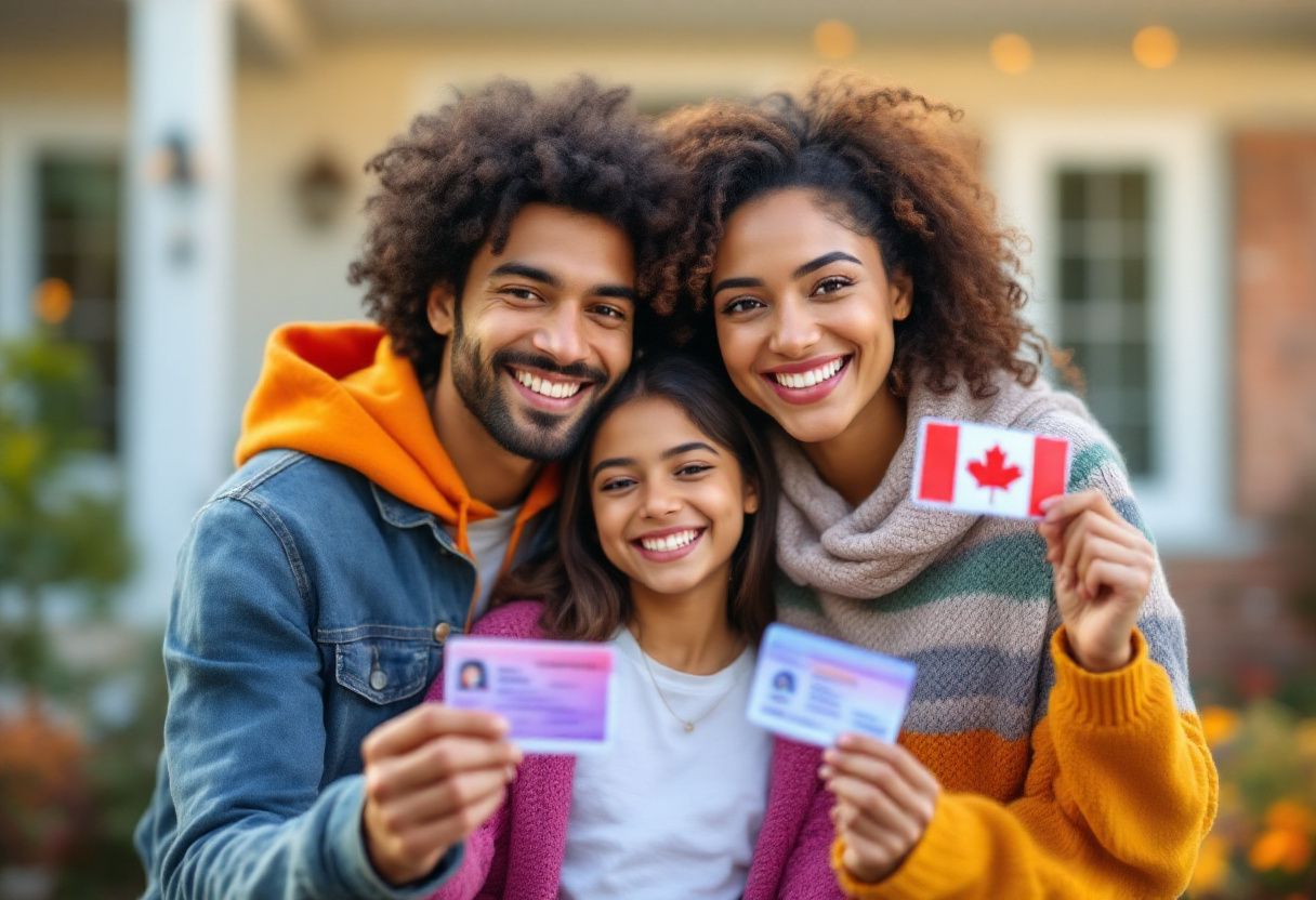 A family holding their Canadian permanent resident cards